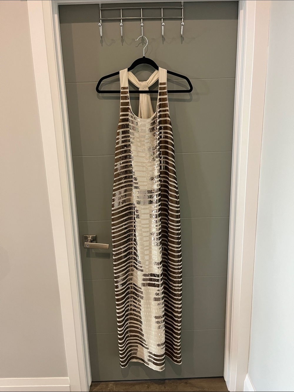 BCBGMaxAzria Cream and Brown Sequin Striped Maxi Dress Size Large
